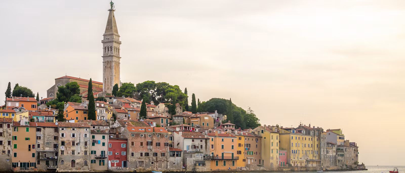 Rovinj's old town seen from the water, with the bell tower of St Euphemia rising above the houses