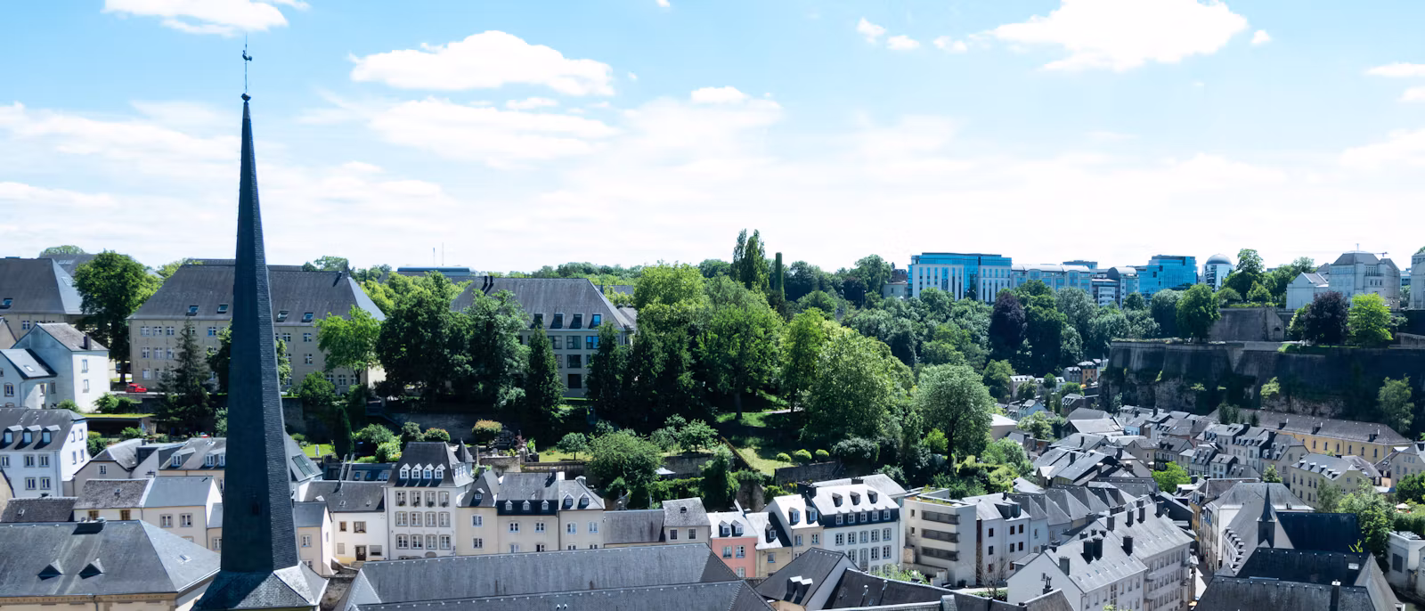 The spire of Neumünster Abbey above the slate roofs of the Grund, with the old-town houses on the cliff behind