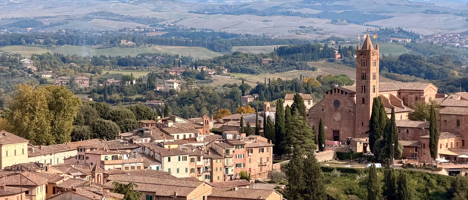 Siena's terracotta roofs and the Servi bell tower with the Tuscan hills behind