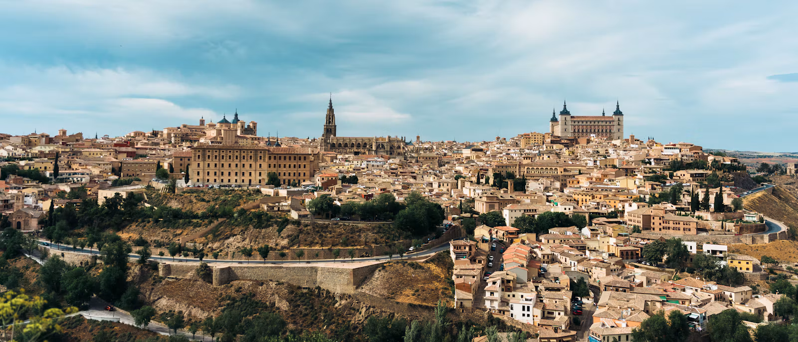 Toledo's skyline with the cathedral spire and the Alcázar above the old town